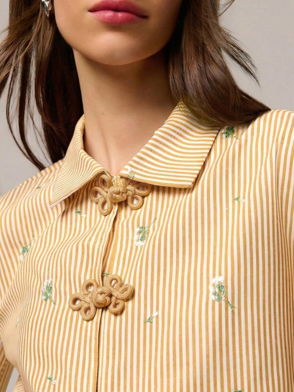 Yellow Casual Women's Blouse with Chinese Buttons, Striped & Floral Print - Picture 6 of 6
